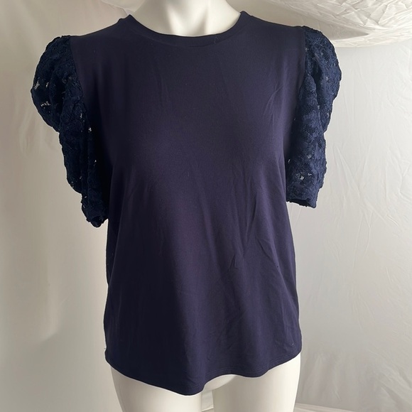 Ariella Tops - Ariella navy crew neck top with lace sleeves L